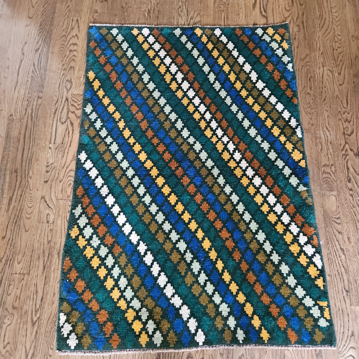 Handmade Rug - Green Geometric from Afghanistan - 2' 11.5" x 4' 2"
