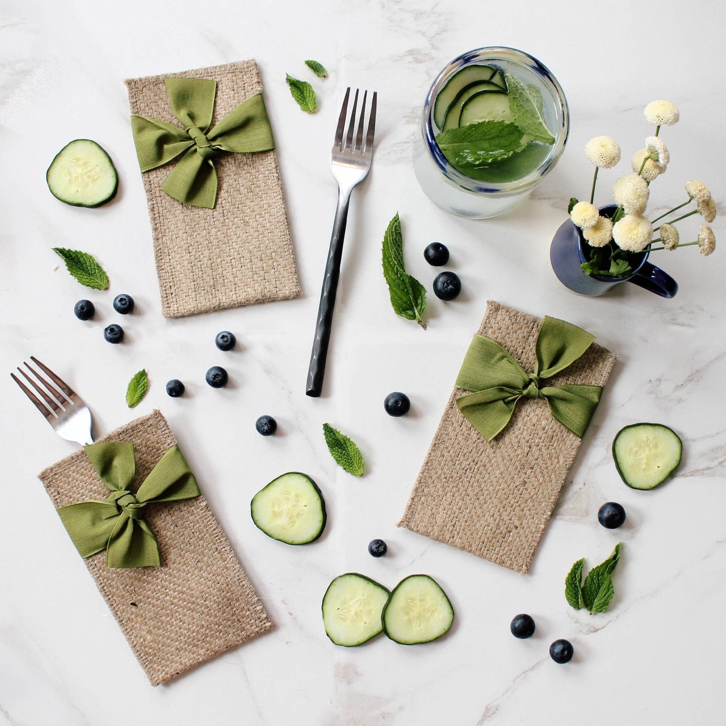 Hand Tied Ribbon Silverware Pouch - Green - Set of 8