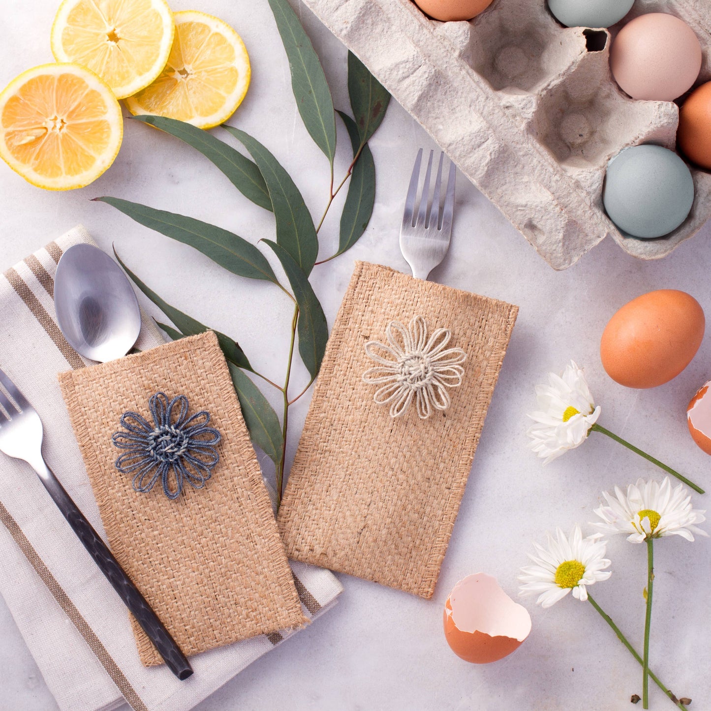 Natural Jute Flower Silverware Pouch - Set of 8