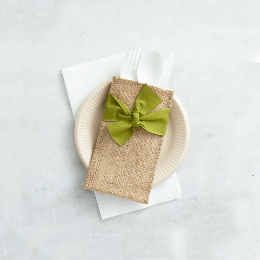 Hand Tied Ribbon Silverware Pouch - Green - Set of 8