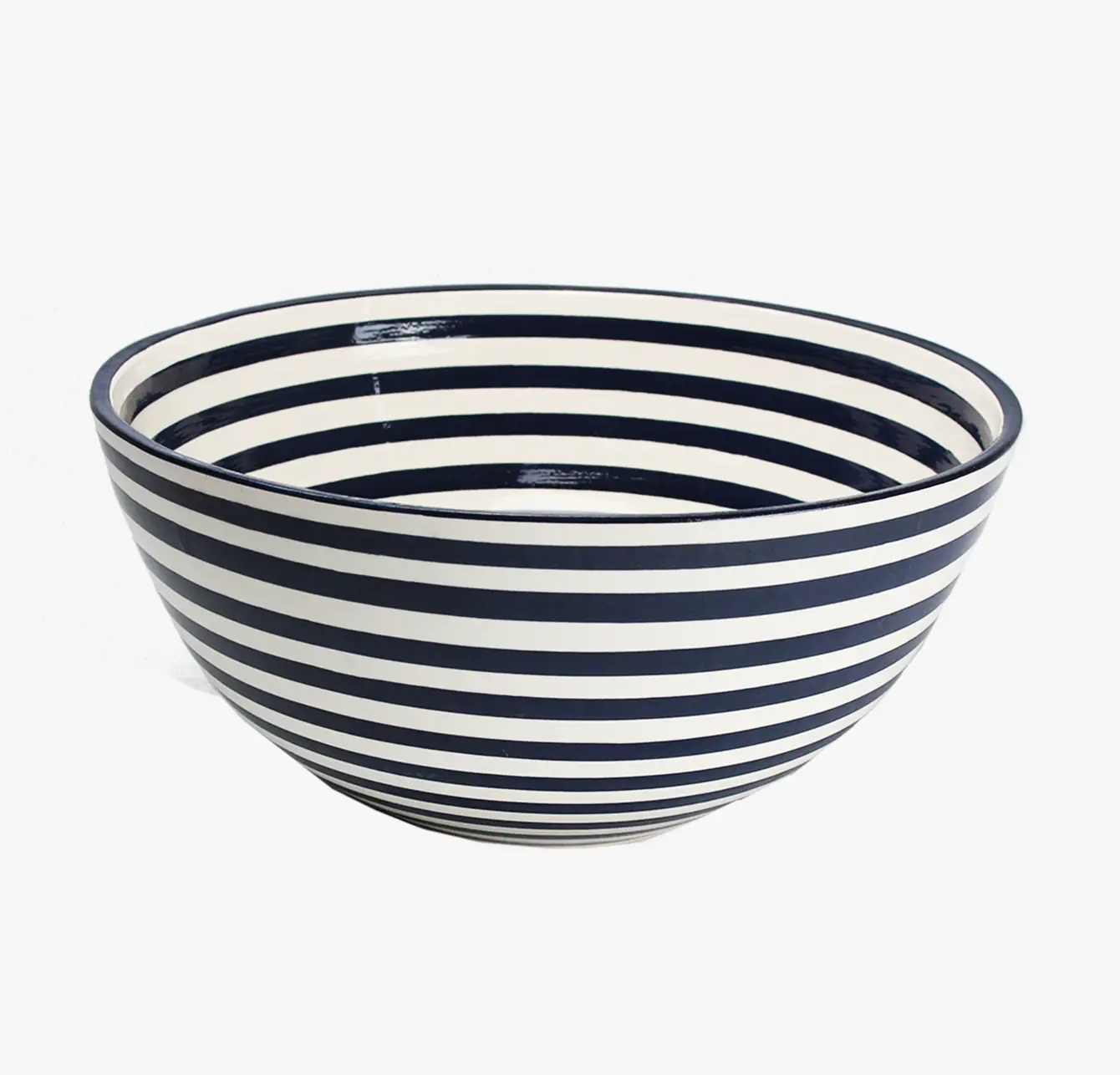 12" Black Stripe Large Deep Ceramic Salad Bowl, Serving Bowl