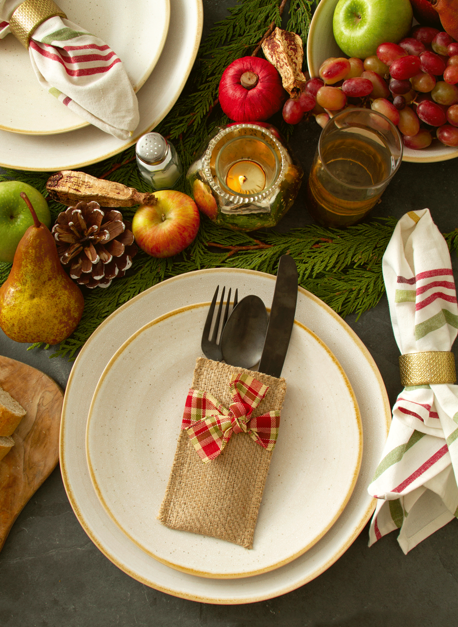 Hand Tied Ribbon Silverware Pouch - Holiday Plaid - Set of 8