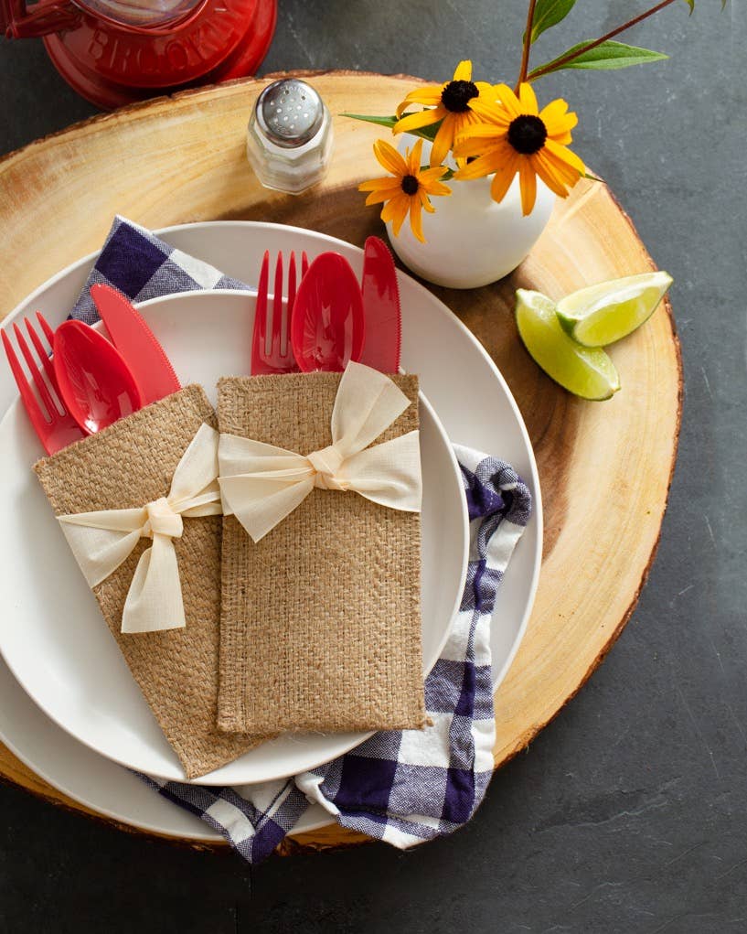 Hand Tied Ribbon Silverware Pouch - Cream - Set of 8