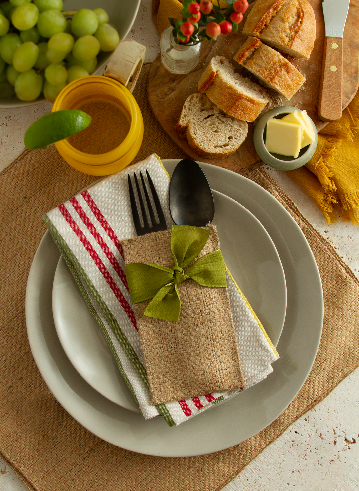 Hand Tied Ribbon Silverware Pouch - Green - Set of 8