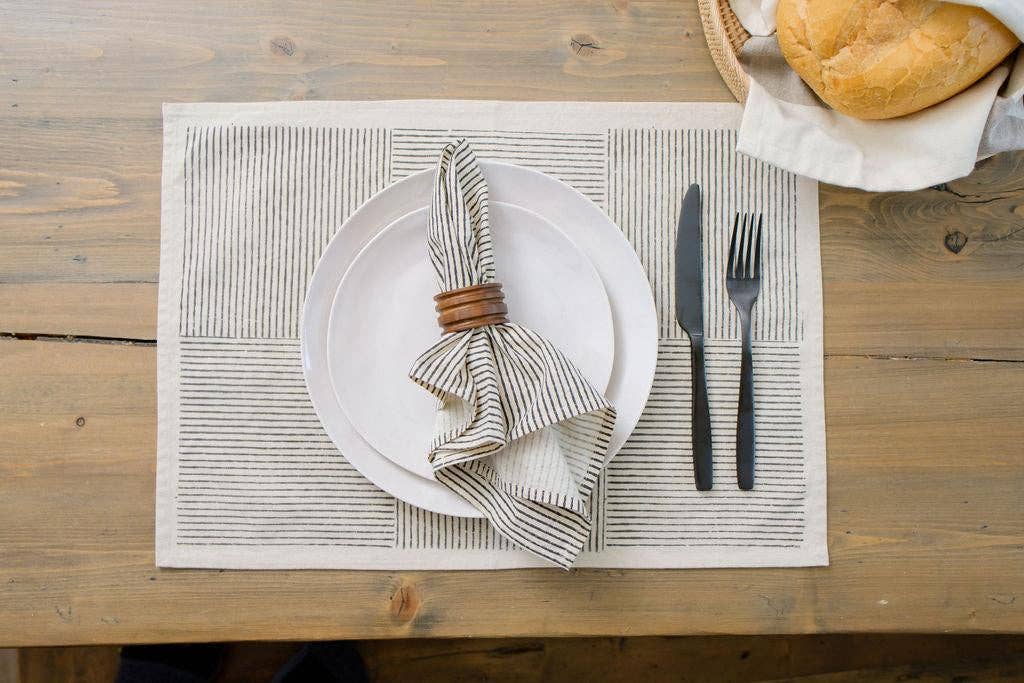 Kora Cotton Placemats, Set of 4 | Hand Block Printed | Hatch Stripe | Villa