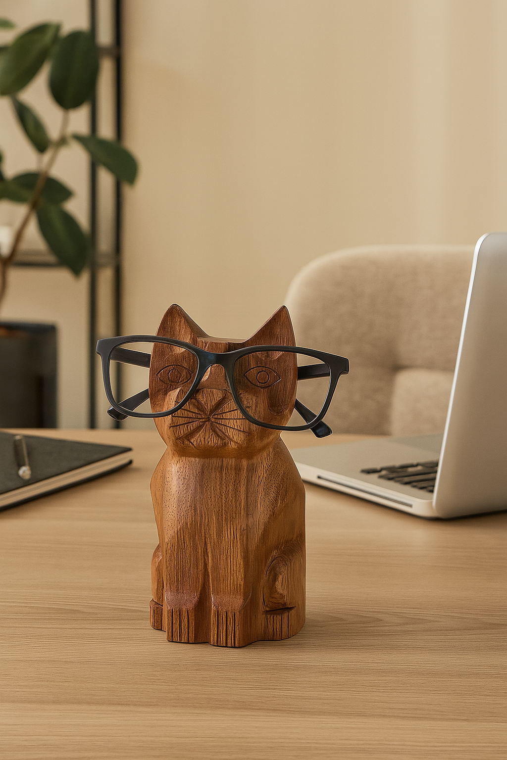 Cat Eyeglass Holder Stand - Hand Carved Wood