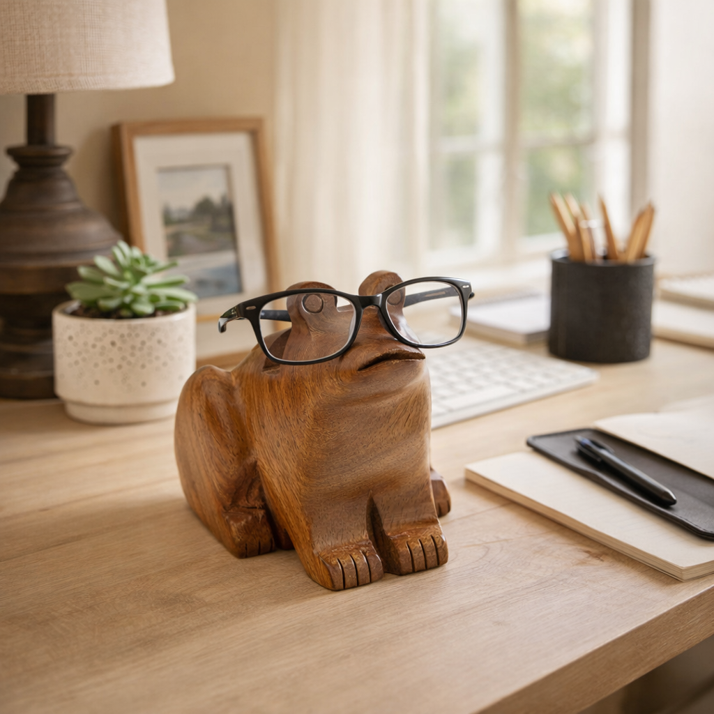 Frog Eyeglass Holder Stand - Hand Carved Wood