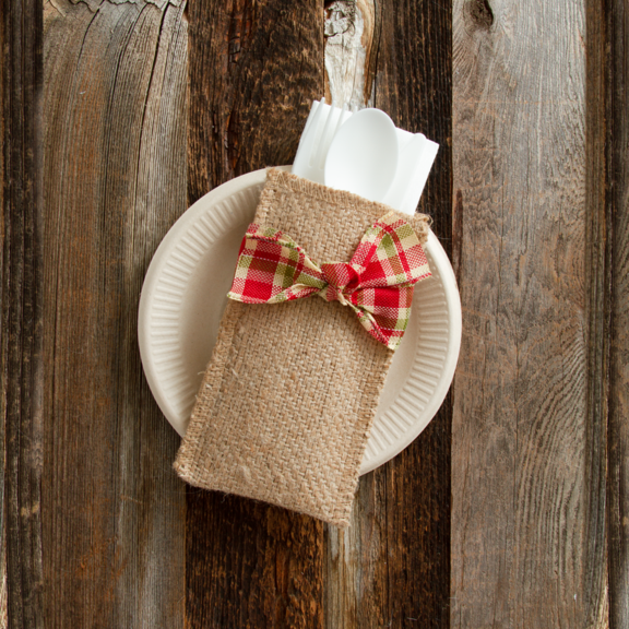 Hand Tied Ribbon Silverware Pouch - Holiday Plaid - Set of 8