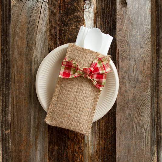 Hand Tied Ribbon Silverware Pouch - Holiday Plaid - Set of 8