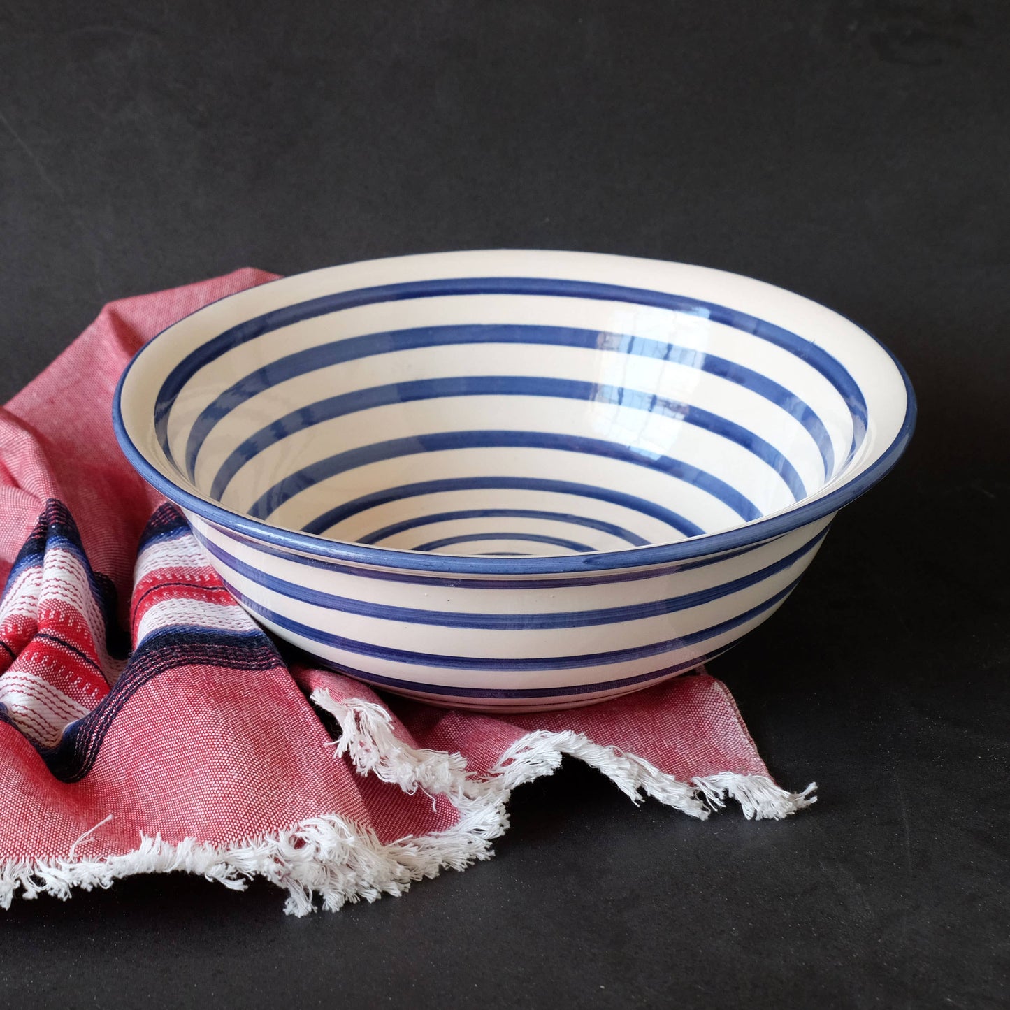 10" Cobalt Stripe Medium Deep Ceramic Salad Bowl