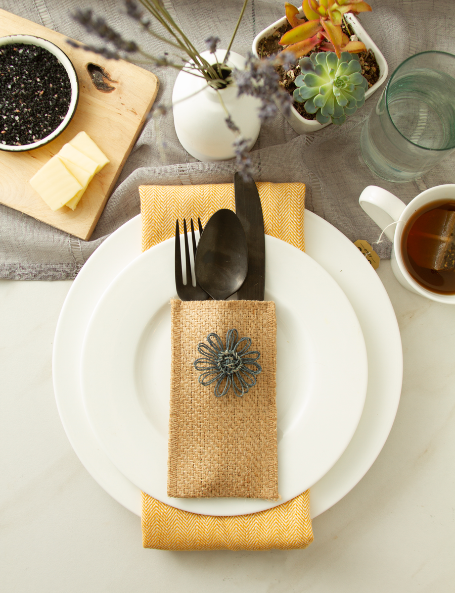 Slate Jute Flower Silverware Pouch - Set of 8