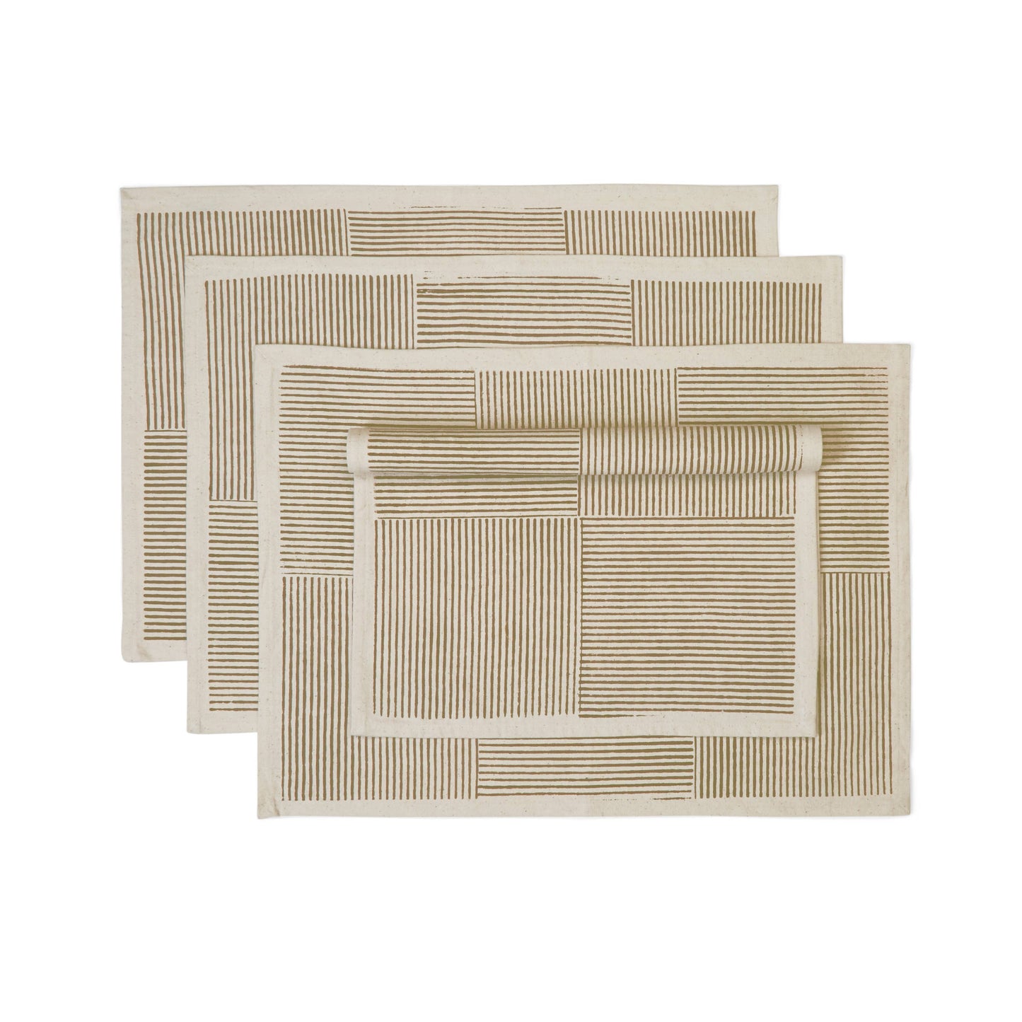 Kora Cotton Placemats, Set of 4 | Hand Block Printed | Hatch Stripe | Spruce
