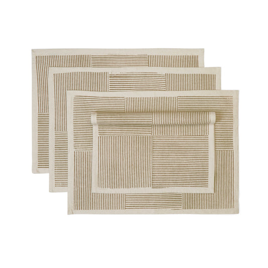 Kora Cotton Placemats, Set of 4 | Hand Block Printed | Hatch Stripe | Spruce