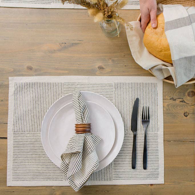 Kora Cotton Placemats, Set of 4 | Hand Block Printed | Hatch Stripe | Villa