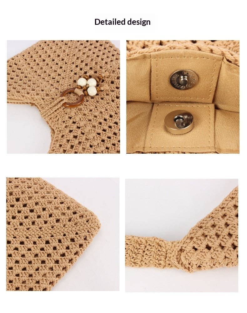Women's Handmade Woven Hollow Casual Beach Shoulder Bag - Beige
