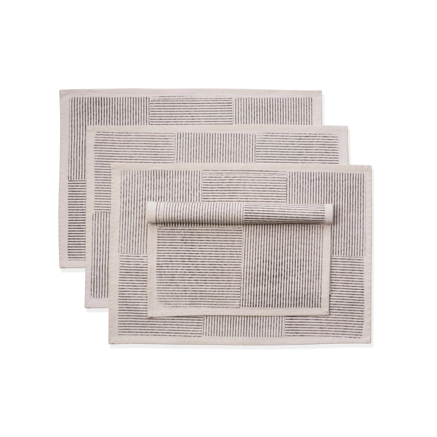 Kora Cotton Placemats, Set of 4 | Hand Block Printed | Hatch Stripe | Villa