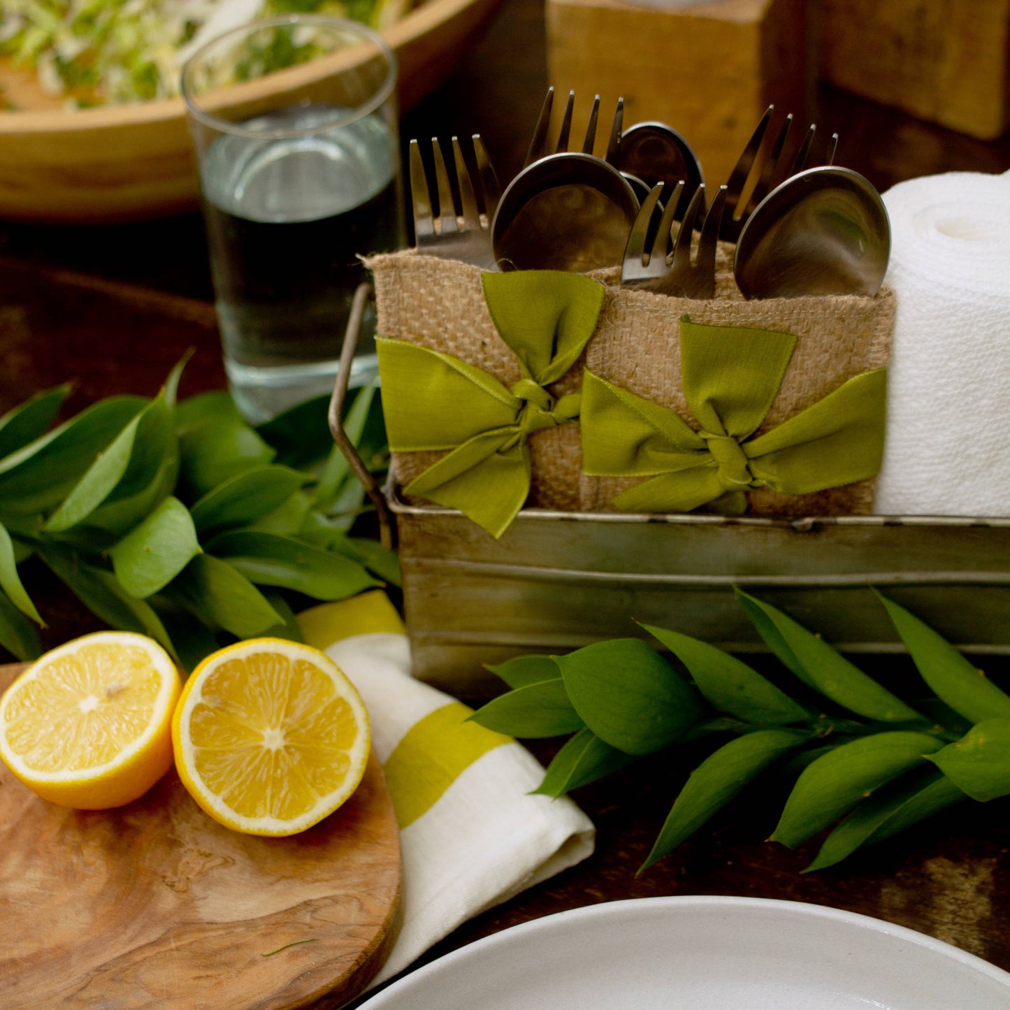 Hand Tied Ribbon Silverware Pouch - Green - Set of 8