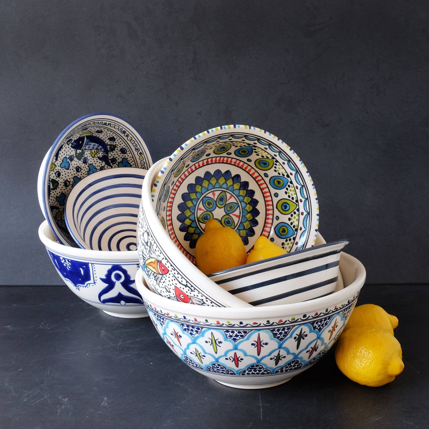10" Cobalt Stripe Medium Deep Ceramic Salad Bowl
