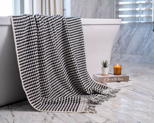 Pom Pom Bath Towel | Turkish Bath Towel | Handwoven Towel: Black / Bath Towel