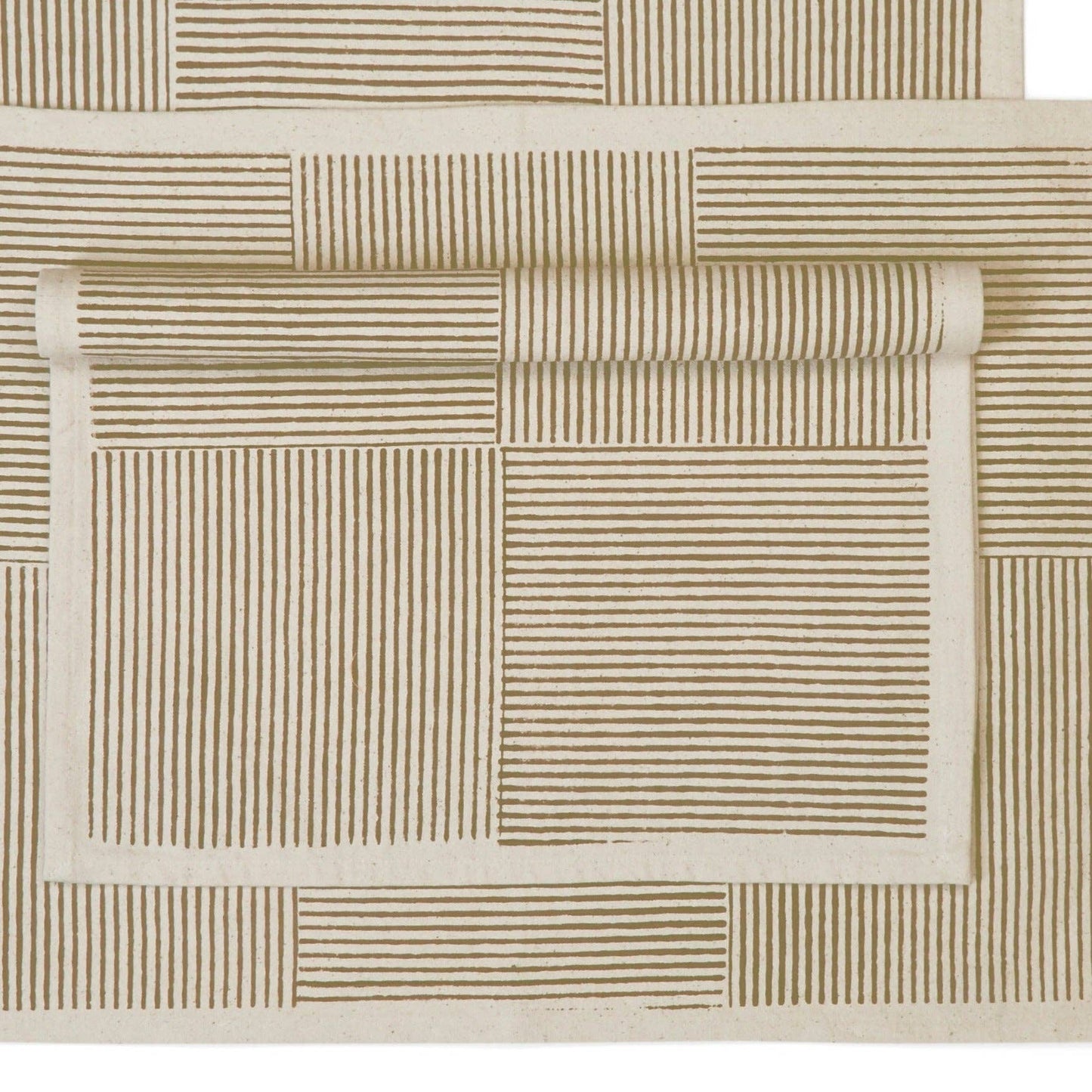 Kora Cotton Placemats, Set of 4 | Hand Block Printed | Hatch Stripe | Spruce