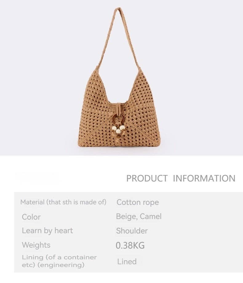 Women's Handmade Woven Hollow Casual Beach Shoulder Bag - Beige